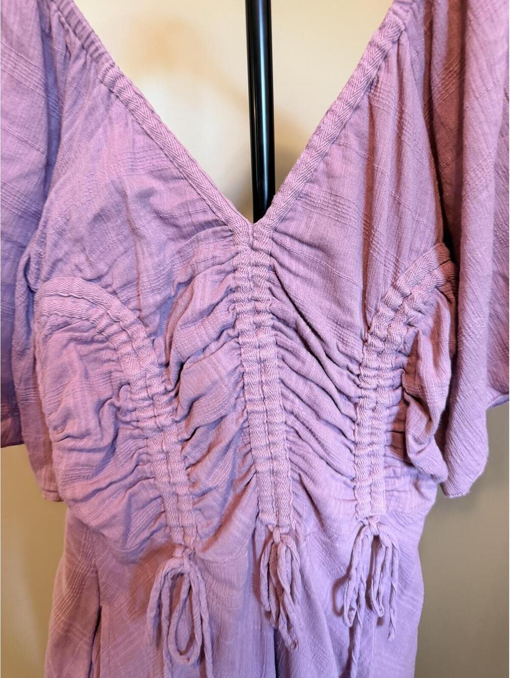 Free People Mauve Gauze Maxi Dress XS Boho Ruched Flutter Sleeve Cottagecore - Picture 4 of 7